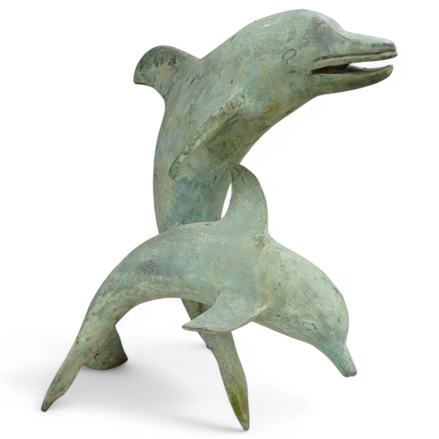 A patinated bronze dolphin group, 49cm high. Condition - some foxing to surface